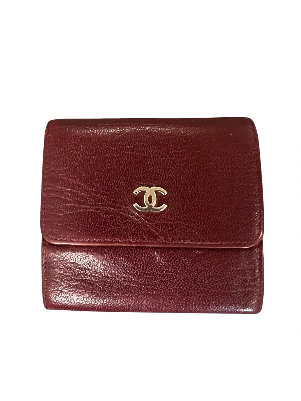 CHANEL Burgundy Leather Compact Wallet with Gold CC Logo- vintage.